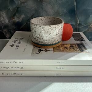 Studio Art Pottery Hand Thrown Mug 3" Speckled White Black Unique Orange Handle